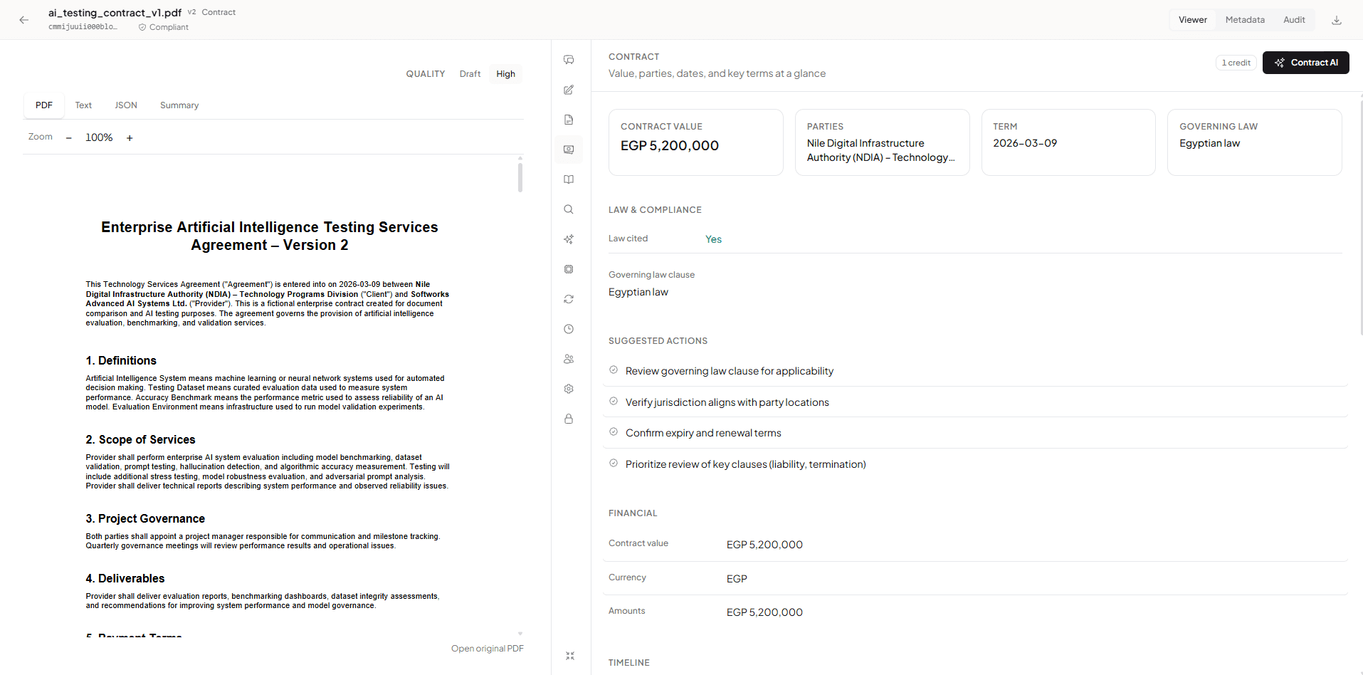 Contract extraction view — parties, dates, values, renewal terms